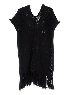 Fringed Black Knit Poncho Shrug